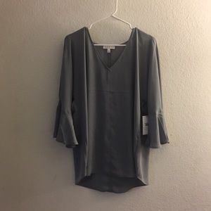 NWT Grey Hi-Low Flutter Sleeve V Neck Blouse